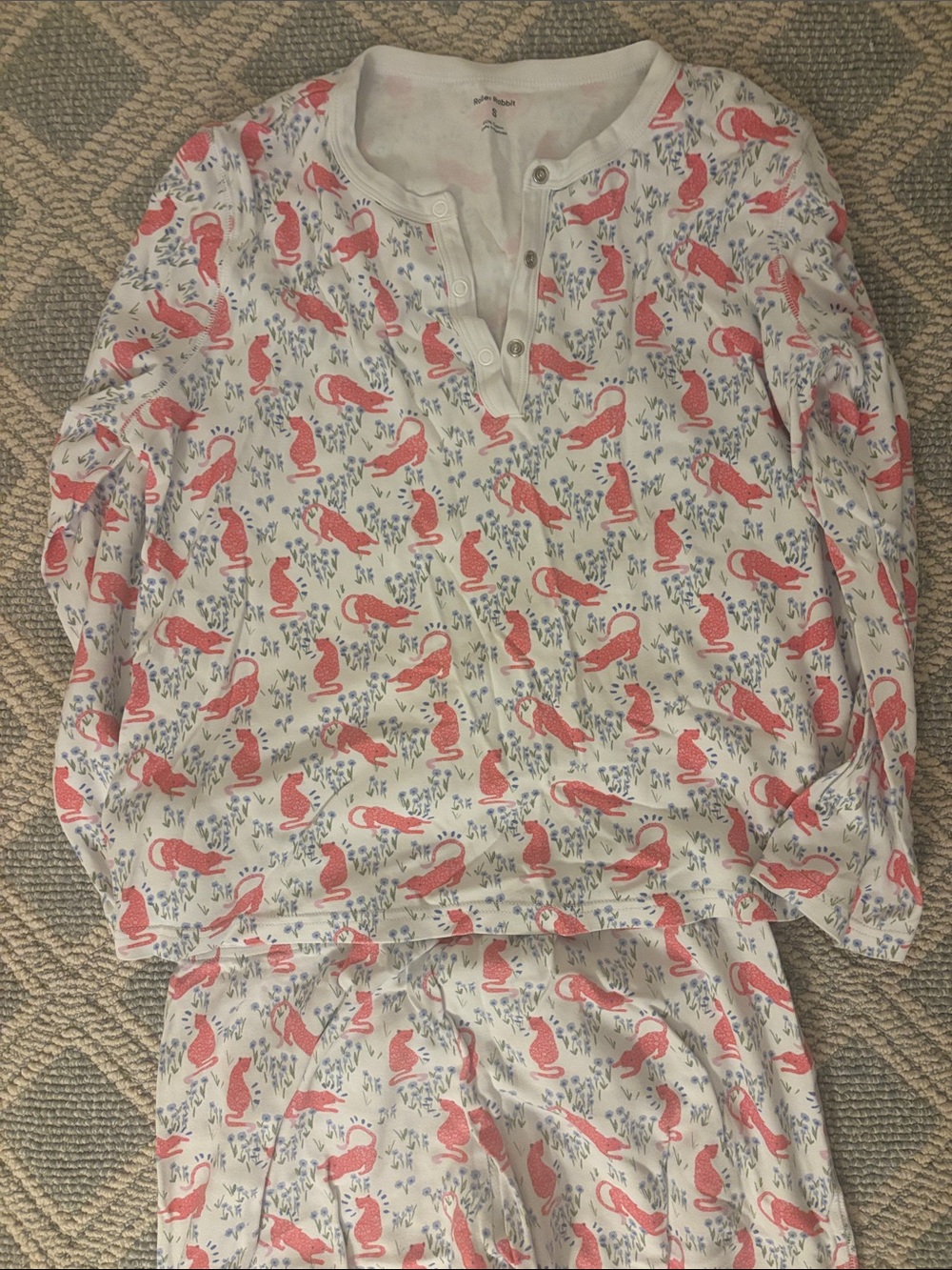 Roller Rabbit Coral Cheetah and Floral Print Pajama Set - White & Coral